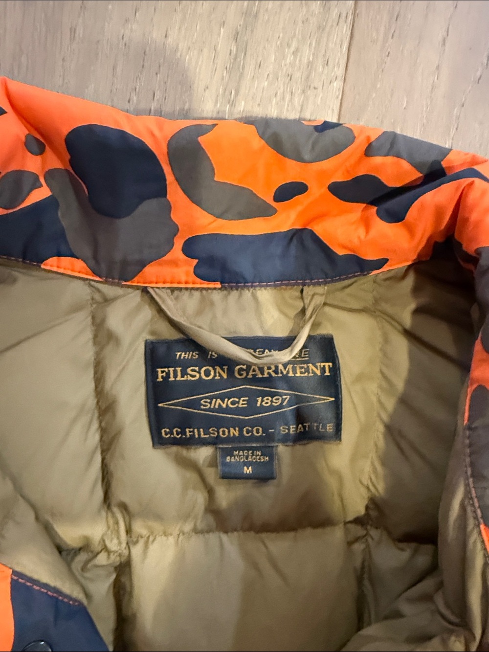 Filson Orange and Black Camo Puffer Jacket - Picture 2 of 2